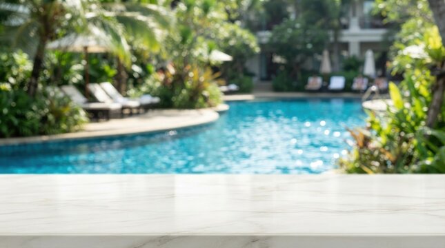 Empty marble table top with blurred luxury resort swimming pool background