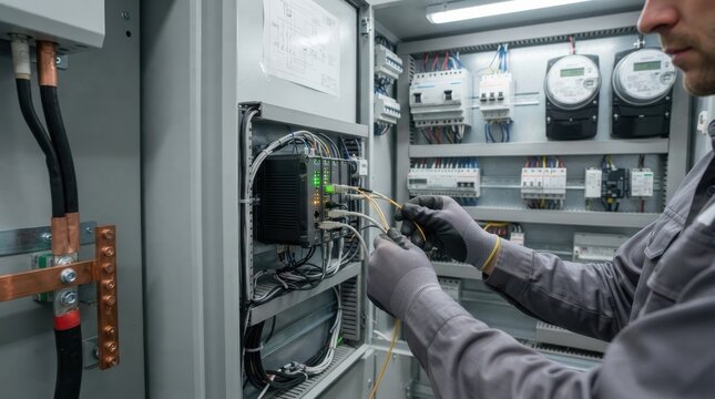 Technician working on electrical switchboard and wiring