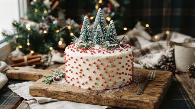 Christmas cake decorated with red sprinkles and miniature trees on a wooden board
