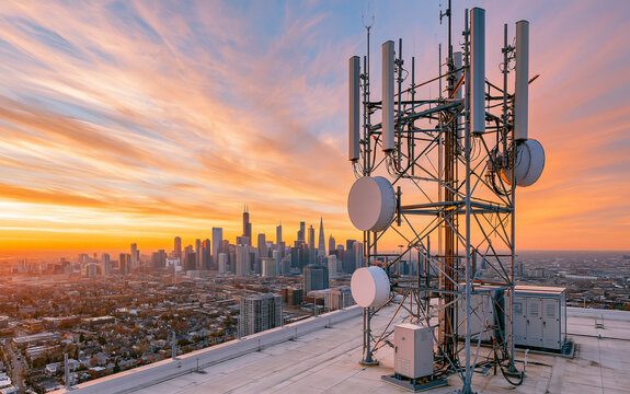 Modern 5G and 4G cellular base station equipment installed on a building rooftop