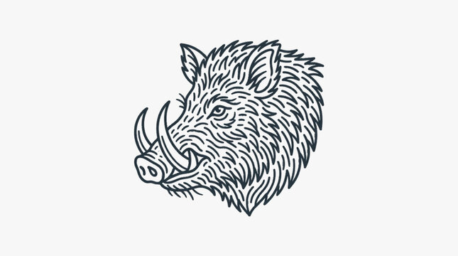 Hand-drawn vintage style illustration of a wild boar head profile with sharp tusks and thick bristly fur, isolated on a plain background for hunting and nature design projects.