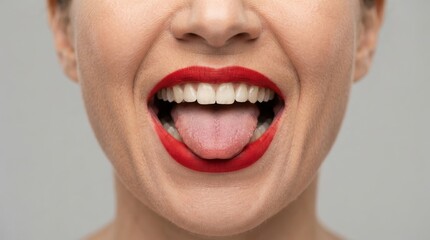 Fototapeta premium Close-up of a woman smiling with red lipstick and tongue out