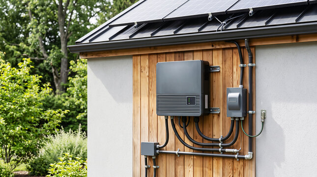 Solar power inverter mounted on a wooden wall panel with external electrical conduits and wiring, beneath a roof with solar panels
