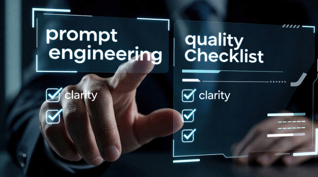 Person uses digital interface for prompt engineering quality checklist. User verifies clarity and accuracy of AI output. Future tech for AI development and analysis.