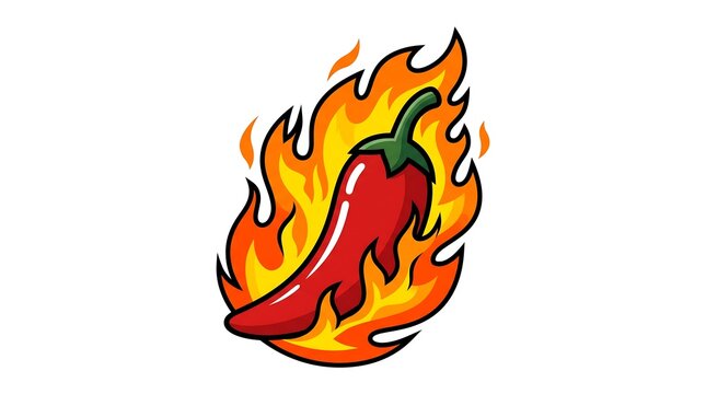 Hot red chili pepper engulfed in bright orange flames vector style graphic design