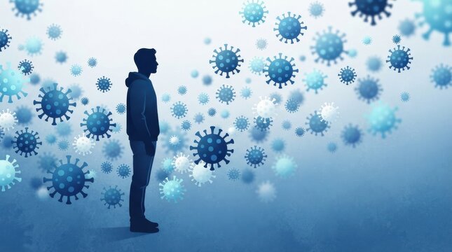 Man standing amidst a swarm of viral cells