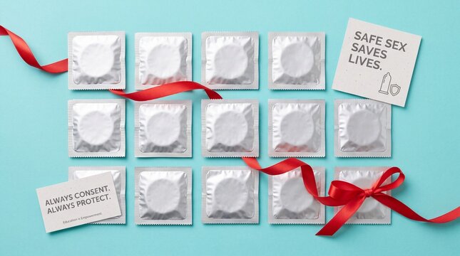 World AIDS Day awareness with condoms and red ribbon promoting safe sex and consent