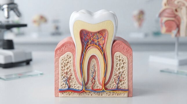 Anatomical cross section model of human tooth with nerves and blood vessels
