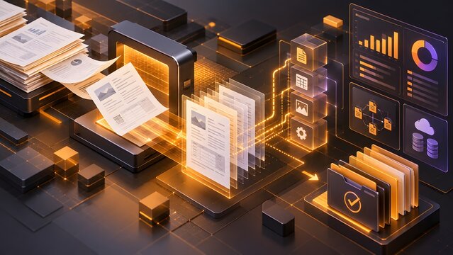 Futuristic digital transformation process showing physical paper documents converting into electronic files data charts and secure cloud storage folders.