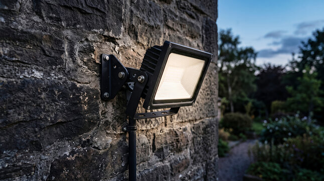 Black led floodlight mounted on a rough, grey stone wall, illuminating the exterior of a building during the twilight hours