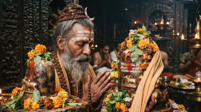 Sadhu praying in front of Shiva lingam in Hindu temple