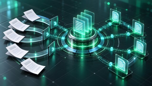 Automated digital archiving system transforming physical paper documents into glowing electronic file icons through a futuristic central network hub.