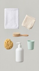 Obraz premium Floating spa and bath accessories with pump bottle and body brush