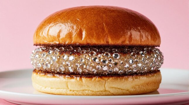 Luxury burger with shiny brioche bun, sparkling diamond crystals inside. Surreal gourmet sandwich sits on pink plate against soft pink background. Creative food concept with expensive jewel
