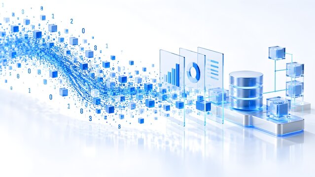 Abstract blue digital data cubes streaming into transparent analytical charts and secure server database structures for advanced information processing.
