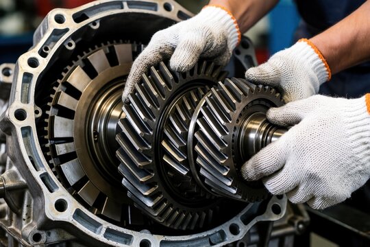 Mechanic gloves assemble heavy planetary gear into automatic transmission. Technician works on car gearbox rebuild service. Close up of metal gears and car part repair.