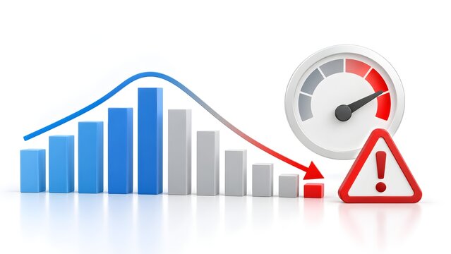 Financial crisis concept with a declining business bar chart downward red arrow risk warning triangle and speedometer showing critical low performance