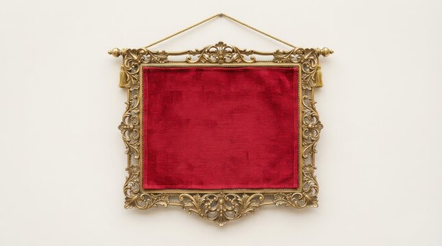 Ornate gold frame with red velvet backing hanging on a wall