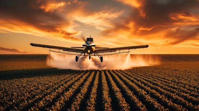 Crop duster plane sprays fields at sunset. Agricultural aircraft flies low over farmland, spreading mist in warm orange sky. Modern farming tech aids crop growth.