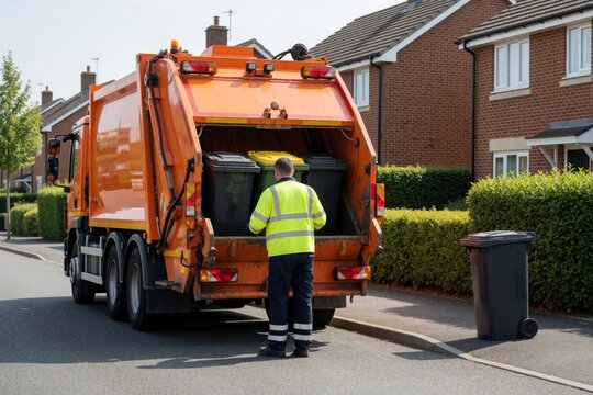 Municipal worker in hi-vis vest loads recycling bins into orange refuse truck. Sanitation operative collects waste from wheelie bins on suburban residential street. Garbage man performs waste