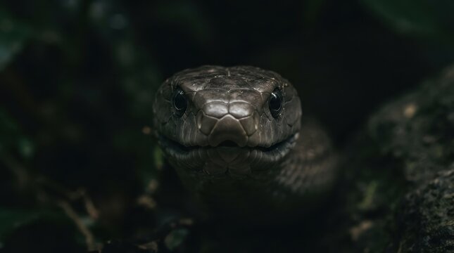 Close-up of a black mamba snake head looking at the camera in the dark jungle