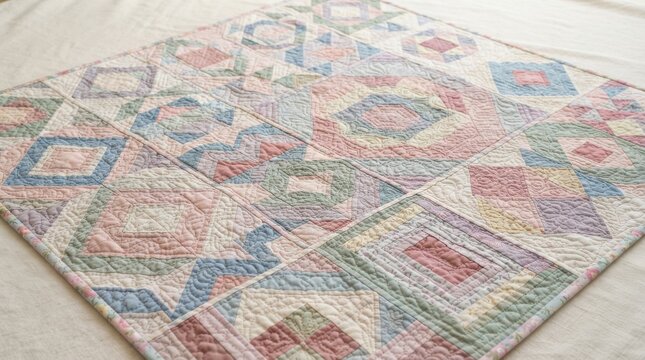 Handmade patchwork quilt with geometric pastel pattern