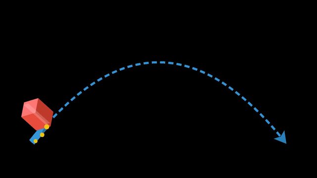 3D Animation of Projectile Motion Trajectory with Red Cube and Blue Trail.