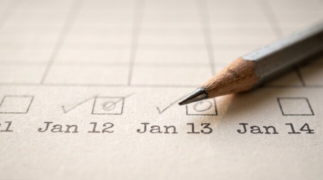 Close up of a pencil marking a checkbox on a calendar grid with dates January 12th and 13th visible