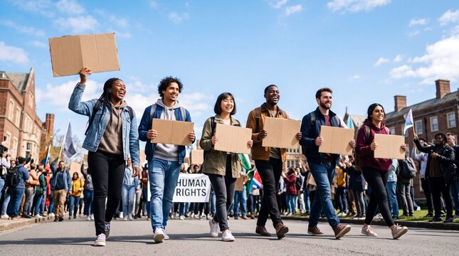Diverse group of young adults marching with blank cardboard signs advocating for human rights
