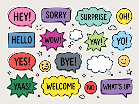 Colorful speech bubbles with various expressions and words handdrawn style.