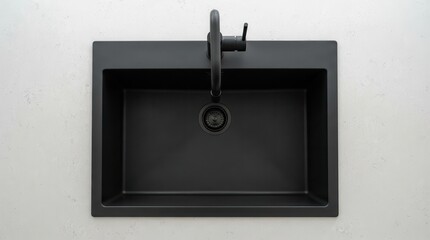 Fototapeta premium Modern matte black kitchen sink with matching faucet seen from above