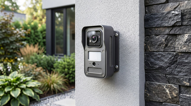 Grey smart home security camera and sensor hub mounted on a light-colored stucco pillar next to a dark stone wall in a garden setting