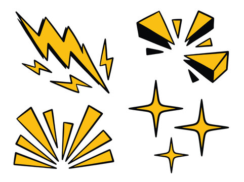 Dynamic HandDrawn Elements Set Lightning Bolts Explosions and Sparkles.