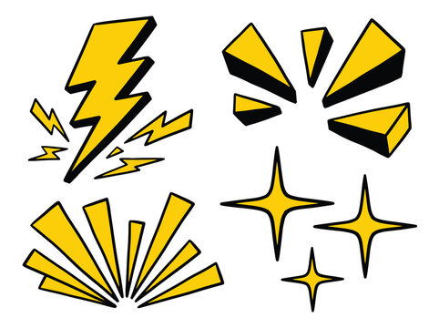 Dynamic yellow lightning bolts and starbursts in a comic book style.