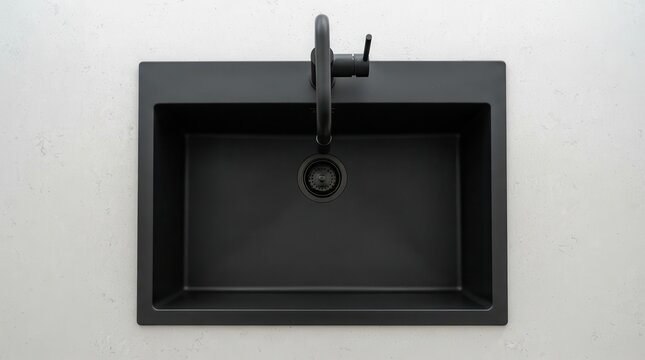 Modern matte black kitchen sink with matching faucet seen from above