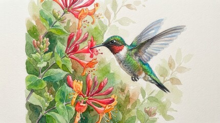 Fototapeta premium Watercolor painting of a hummingbird feeding on red honeysuckle flowers