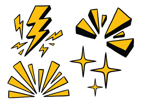 Set of hand drawn doodle elements including lightning bolts starbursts and sparkles in a comic book style.