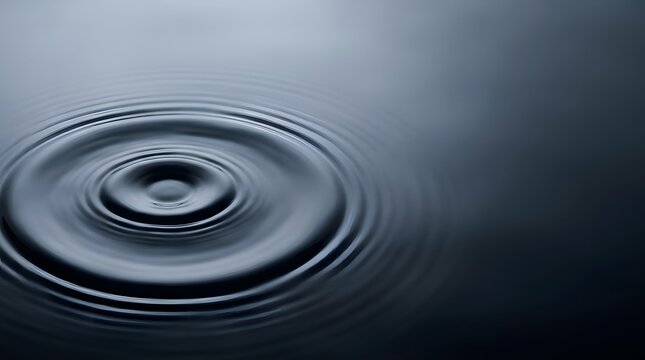 Single water drop creating concentric ripples on a dark liquid surface