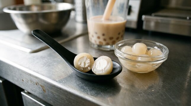 Split tapioca pearl showing an opaque center during a preparation check