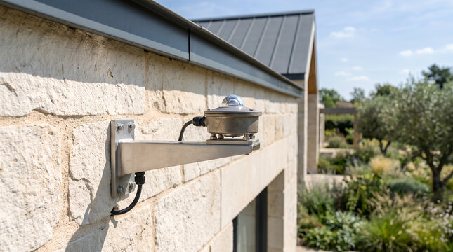 Pyranometer solar radiation sensor mounted on a textured beige stone wall of a building, with a metal bracket and black electrical cabling
