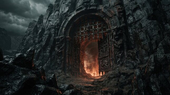 Massive ornate stone gates embedded in a rocky mountain with glowing fire behind