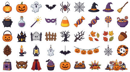Fototapeta premium Vibrant halloween icon set featuring colorful pumpkins ghosts bats candies and spooky seasonal holiday festive decorations