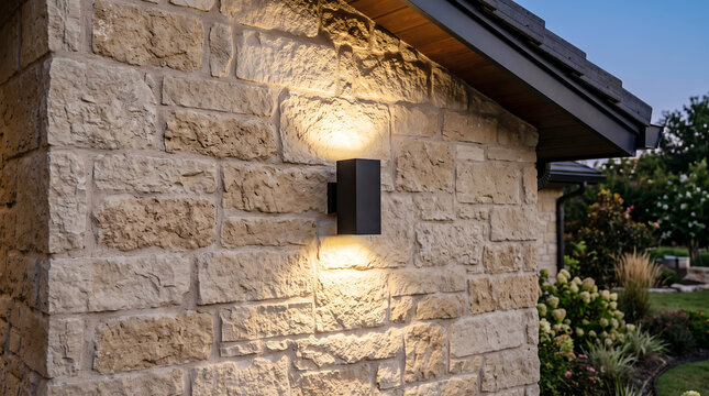 Rectangular black wall sconce light fixture mounted on a textured beige stone exterior wall, casting warm light beams upward and downward