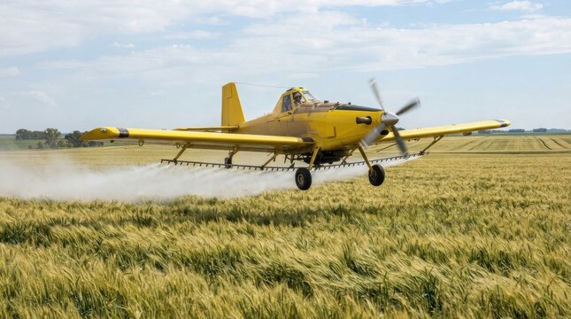 Yellow crop duster airplane spraying chemicals over a green field