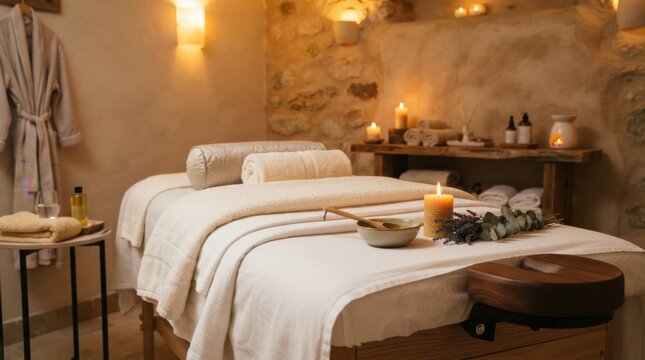 Relaxing spa treatment room with massage table, candles and soft lighting