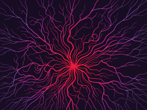 Abstract neural network with glowing red center and branching lines.