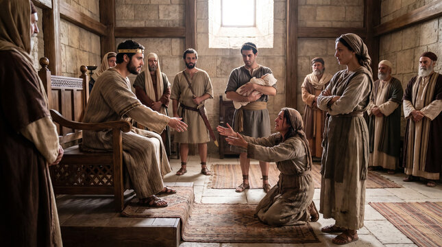 King Solomon gives his judgment between the two women in the cedar palace hall, photorealistic depiction of the Old Testament story