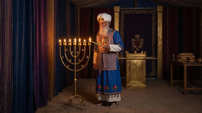 Aaron the high priest kindles the seven-branched golden lampstand in the Tabernacle at dusk, photorealistic depiction of the Old Testament story