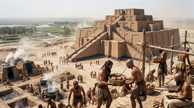 Workers build the great stepped tower of brick on the plain of Shinar, photorealistic depiction of the Old Testament story