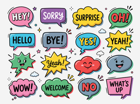 Colorful Hand Drawn Speech Bubbles with Various Expressions 2.
